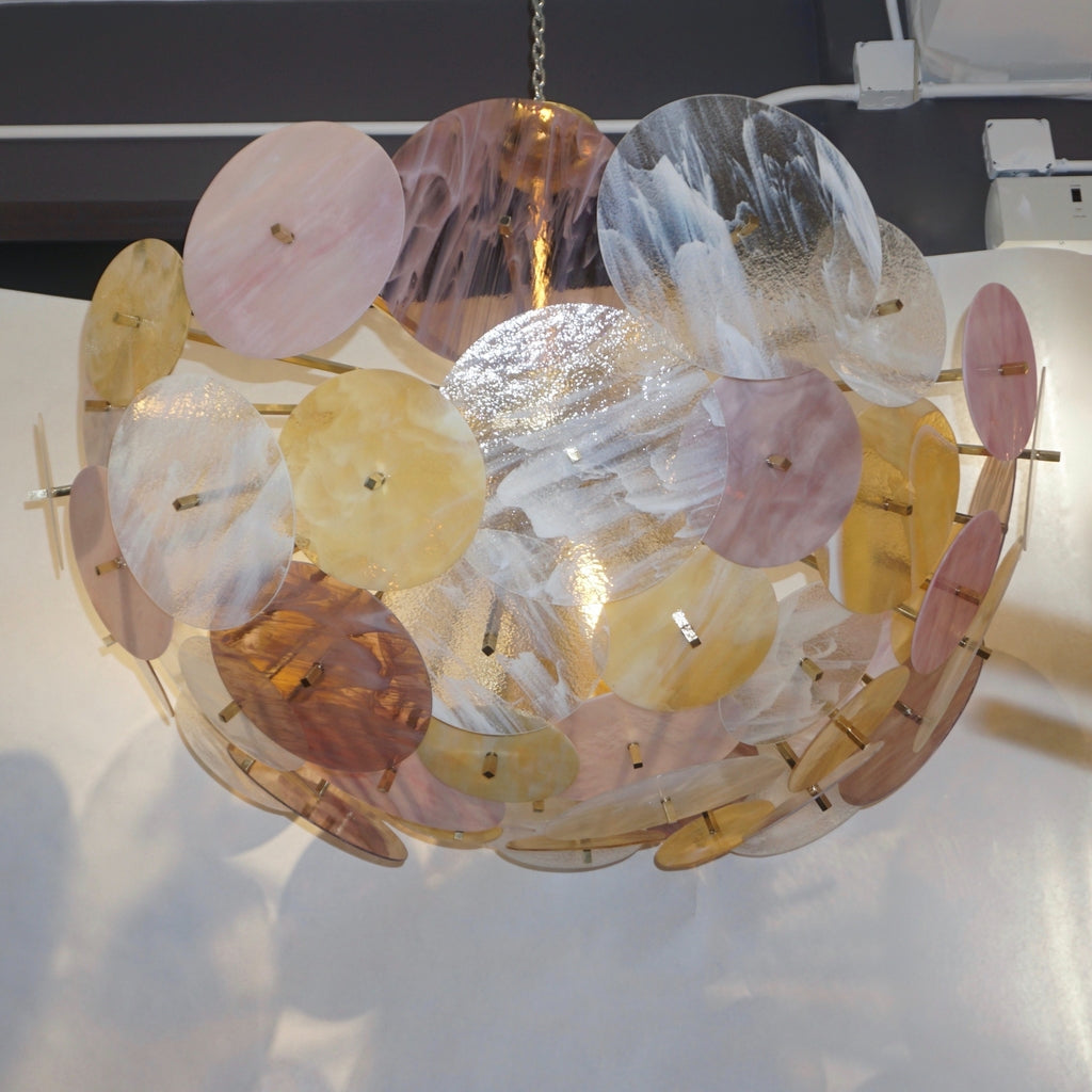 Contemporary Italian Yellow White Rose Pink Murano Glass Oval Sputnik Flushmount