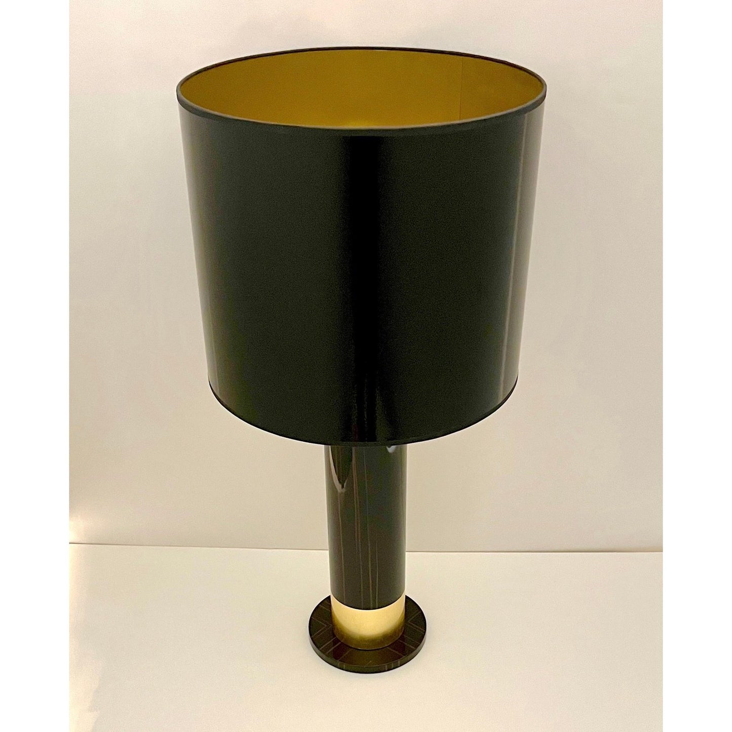 Spanish Art Deco Design Pair of Black Brown Veneer & Gold Leaf Cylindrical Lamps