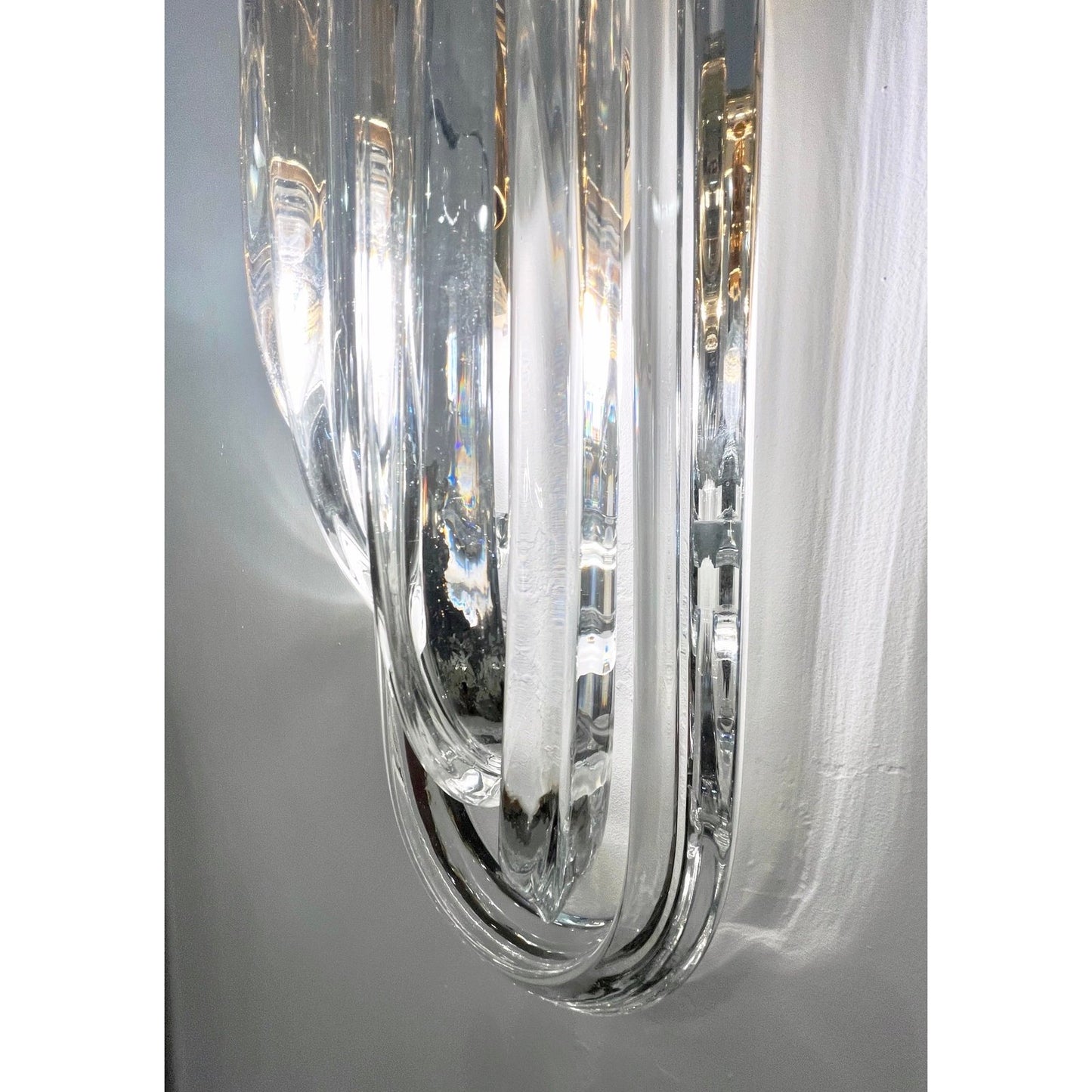 Italian Modern Pair of Translucent Crystal Murano Glass Brass Curved Sconces
