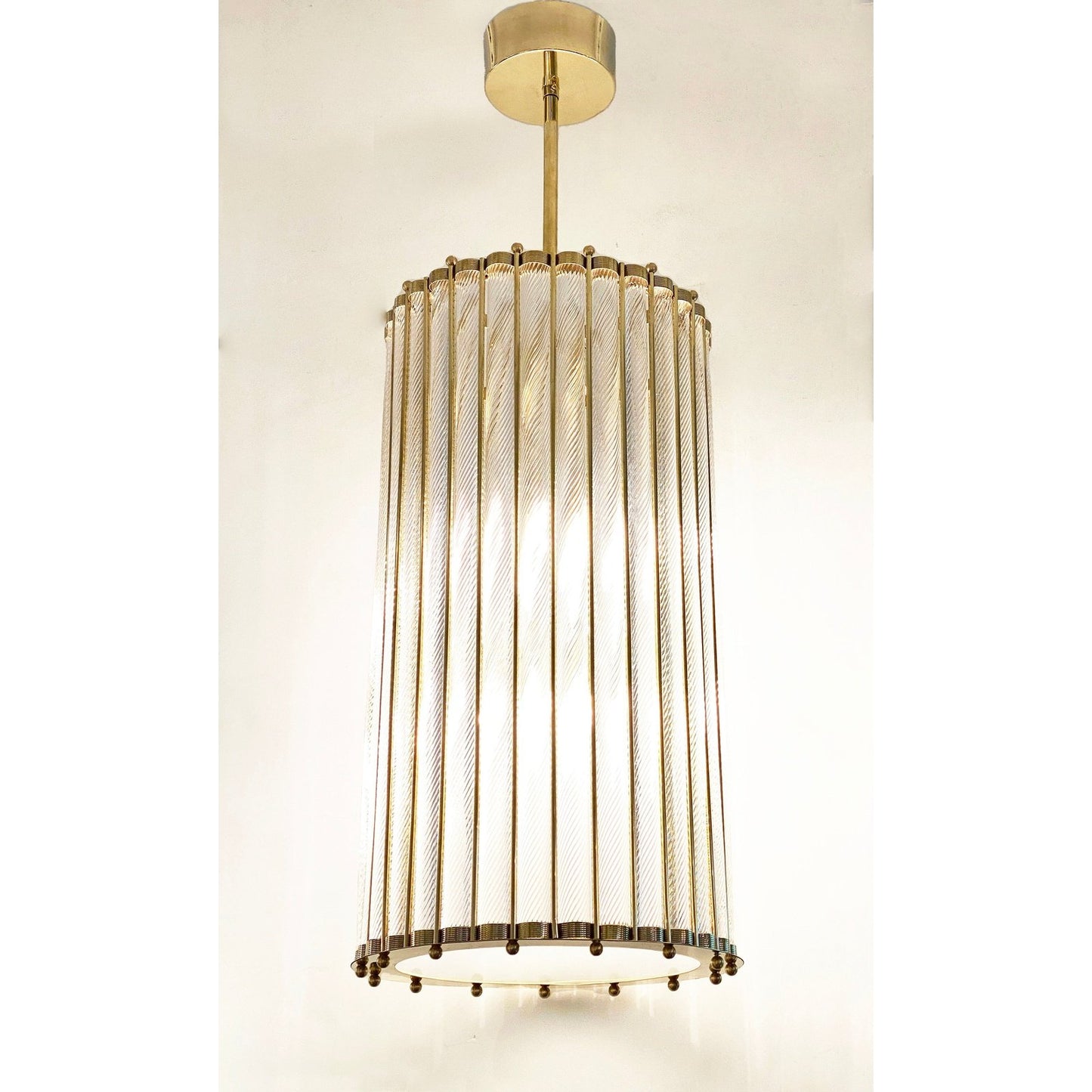 Italian Tall Crystal Twisted Murano Glass Brass Lantern Pendant / Chandelier