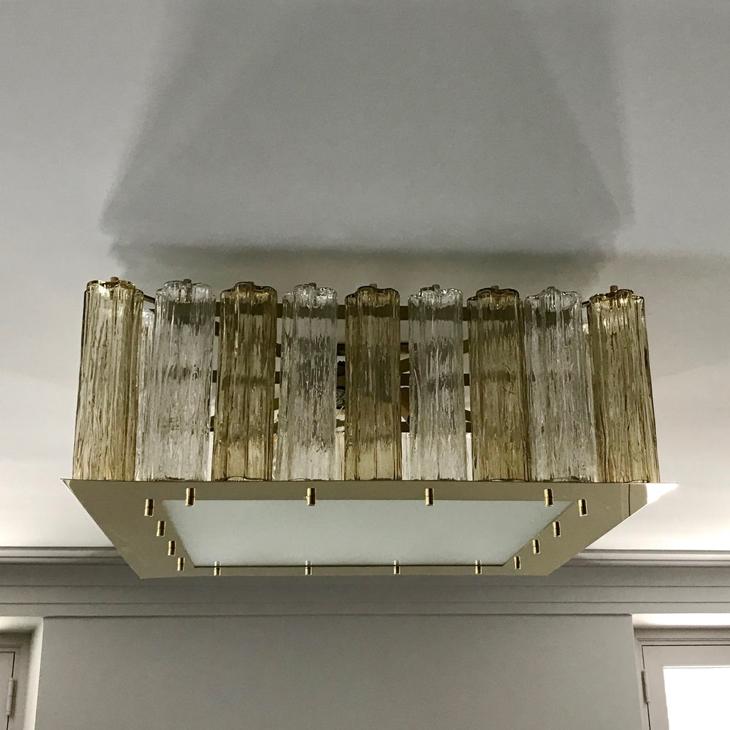 Contemporary Square Italian Crystal Amber Murano Glass Flush Chandelier/Pendant