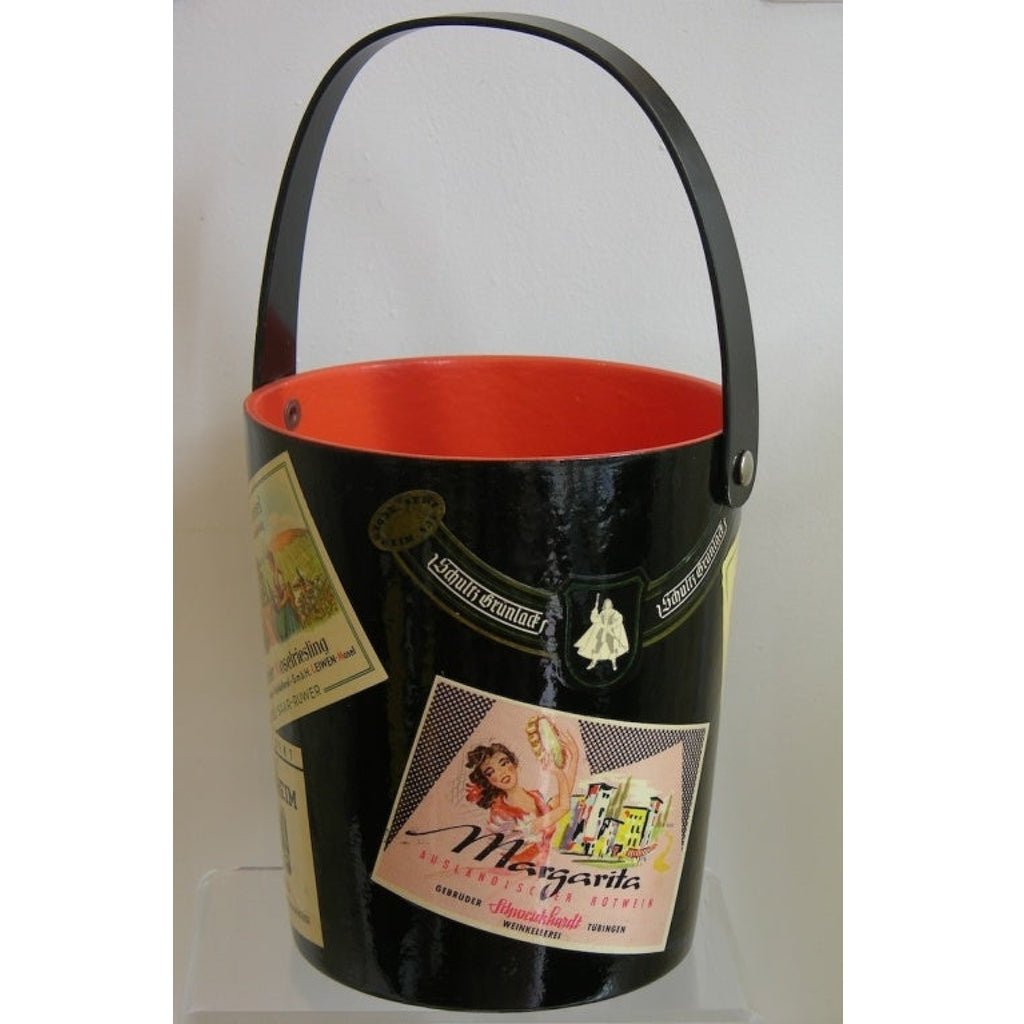 1950s German Black and Red Lacquered Barware Ice Bucket with Wine Labels Decor