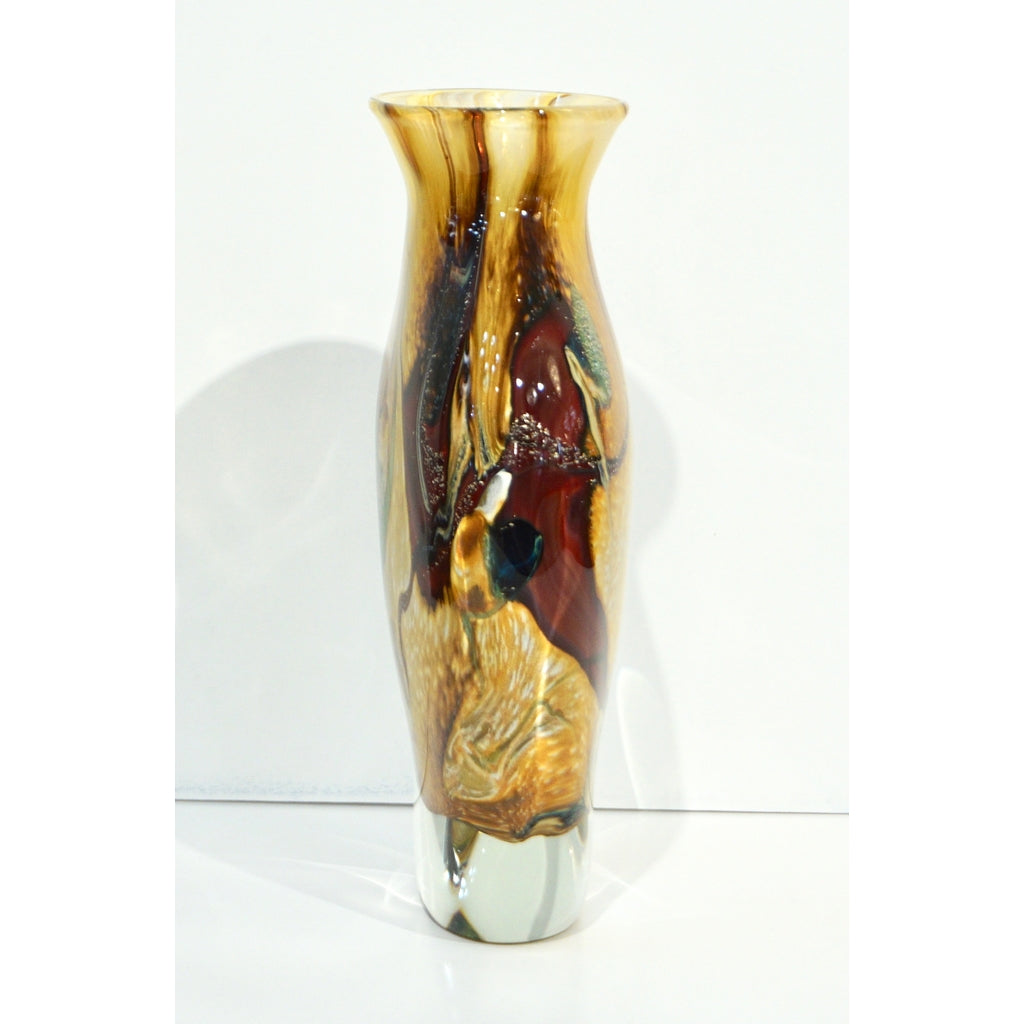 Michele Onesto 1990s Green Yellow Blue Silver Overlaid Crystal Murano Glass Vase