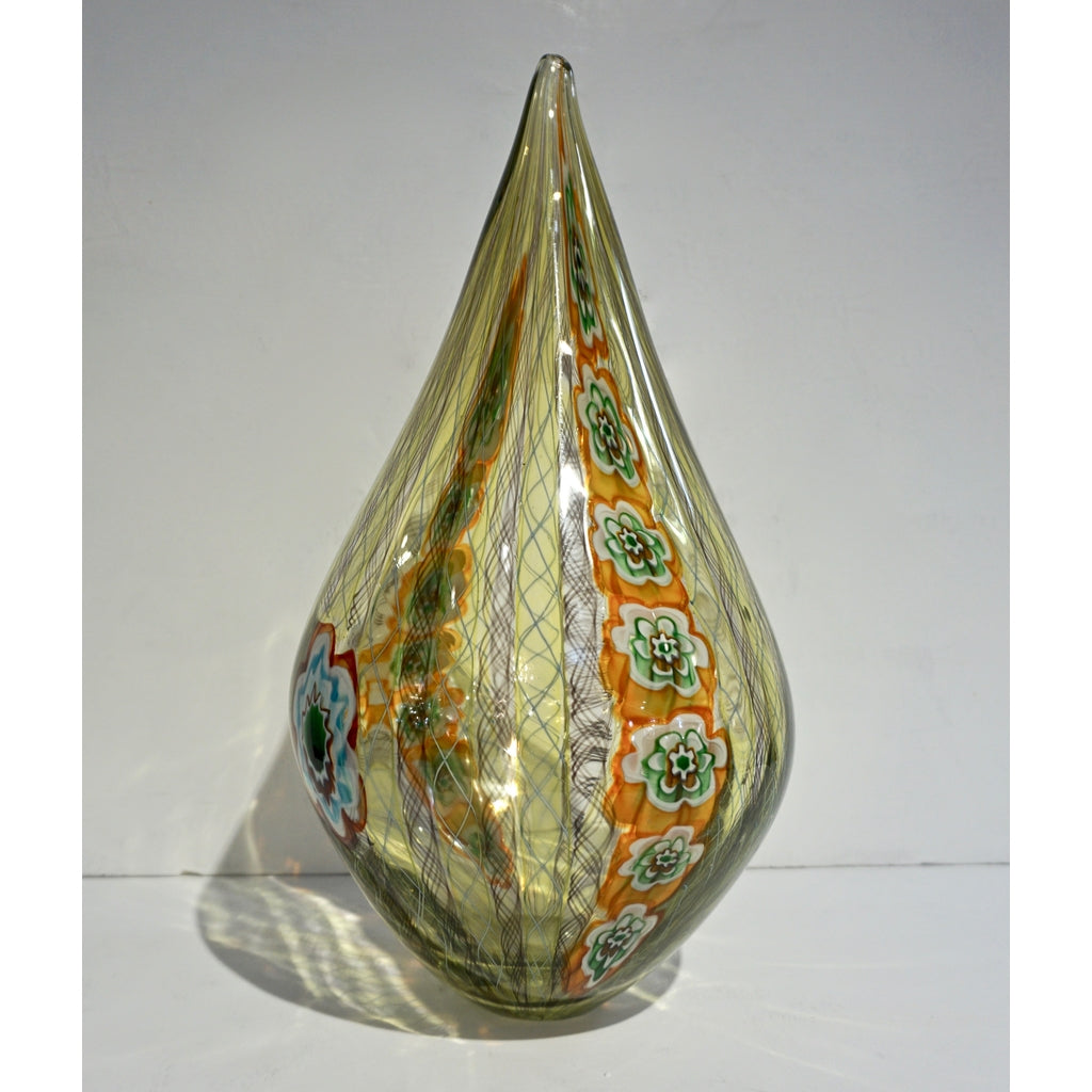 F. Tagliapietra Italian Green Yellow Orange Murano Glass Drop Sculpture Vase