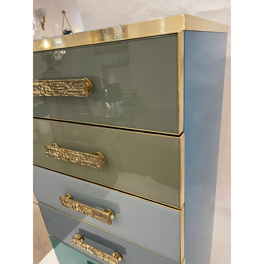Bespoke Italian Art Deco Design Blue Taupe Gray Glass 7-Drawer Dresser Semainier