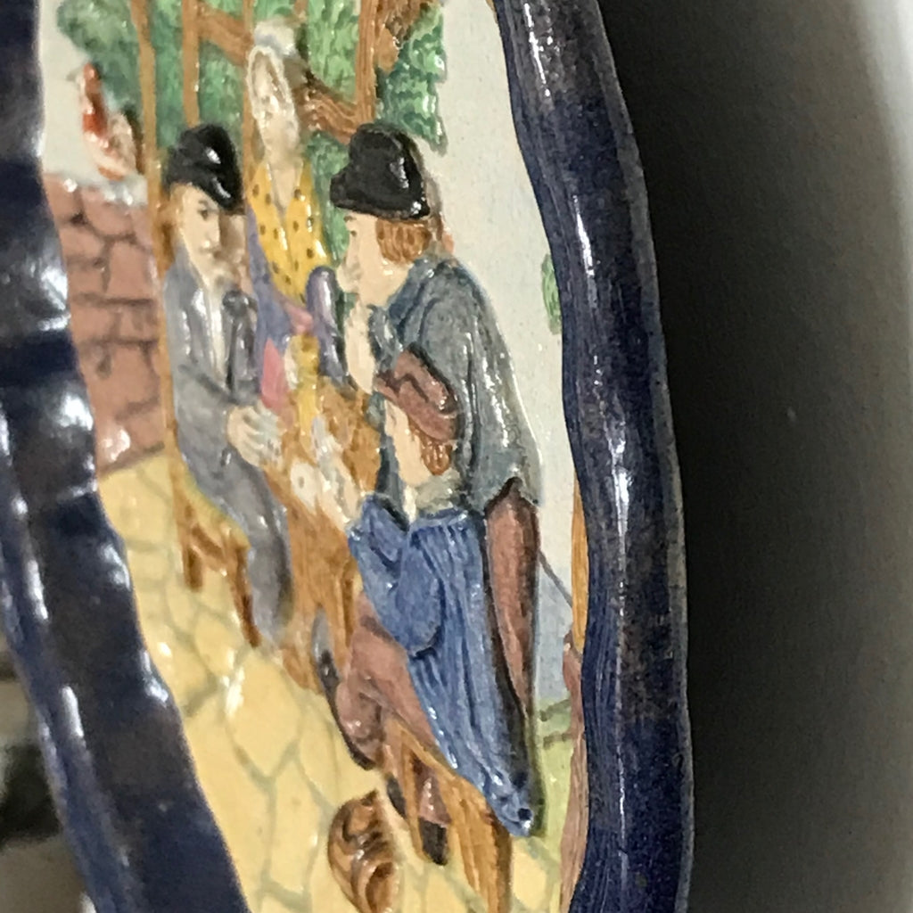 1880 French Country Pair of Navy Blue Edged Folk Art Majolica Decorative Plates