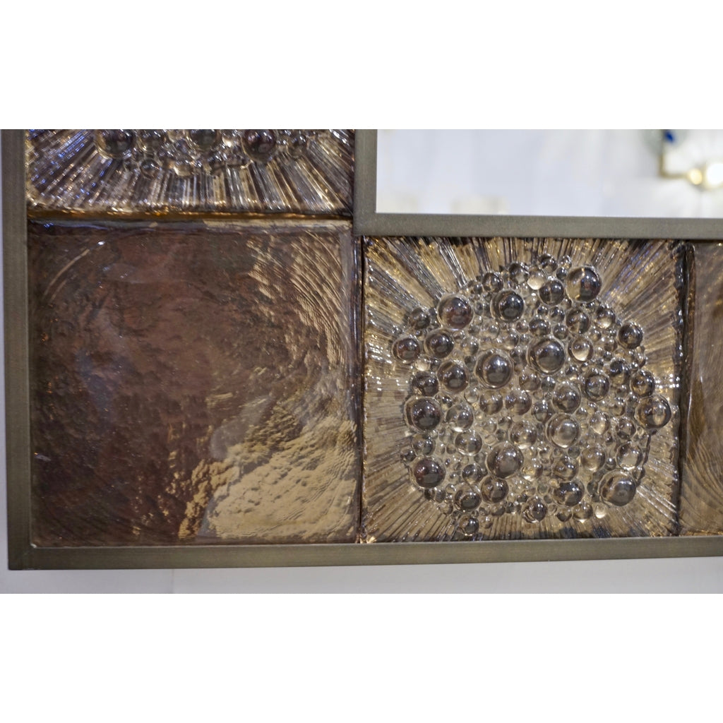 Bespoke Italian Smoked Amber Mirrored Murano Glass Geometric Bronze Tile Mirror