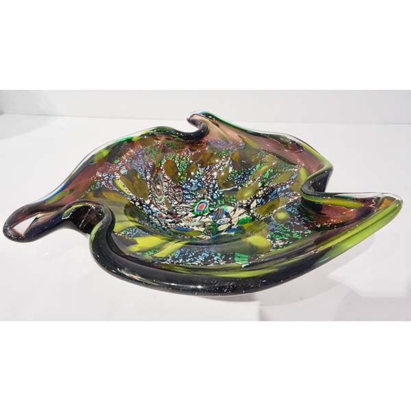 1950 Antique Italian Silver Leaf Purple Green Blue Murano Glass Catch-All/ Bowl