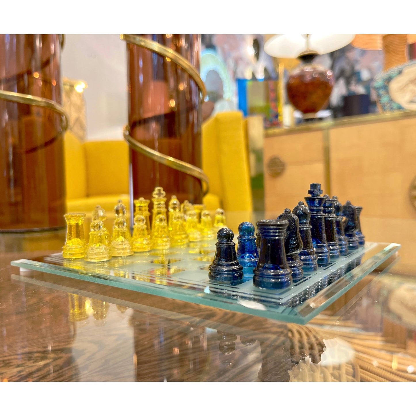 Contemporary Minimalist Blue & Yellow Murano Glass Chess Set on Mirrored Board
