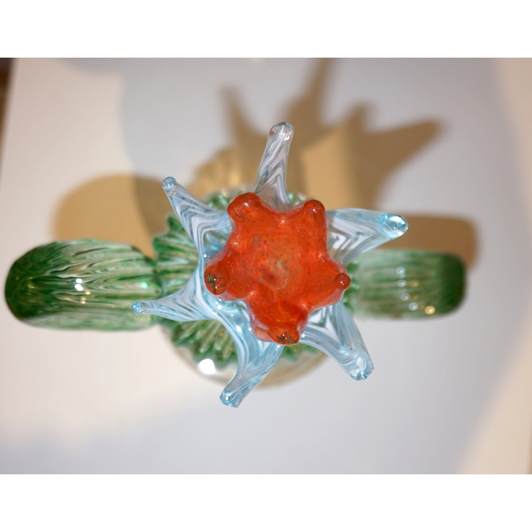 1990s Marta Marzotto Vintage Murano Glass Green Cactus Plant & Blue Coral Flower