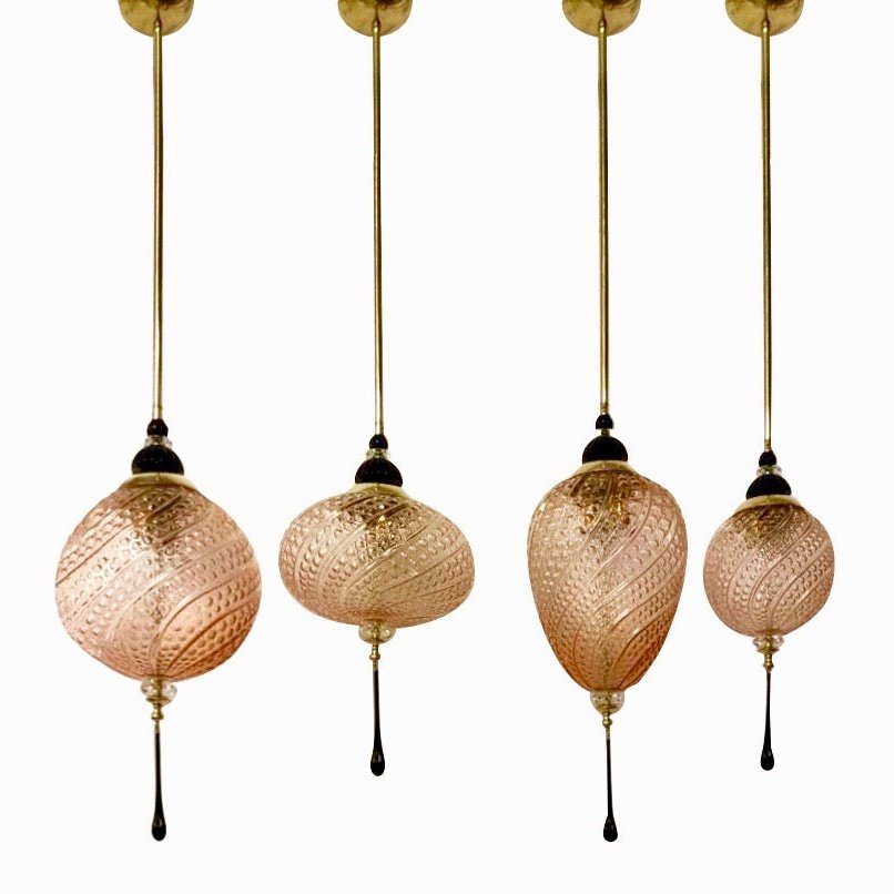 Bespoke Italian Black & Pink Crystal Murano Glass Brass Pendant Big Globe Light
