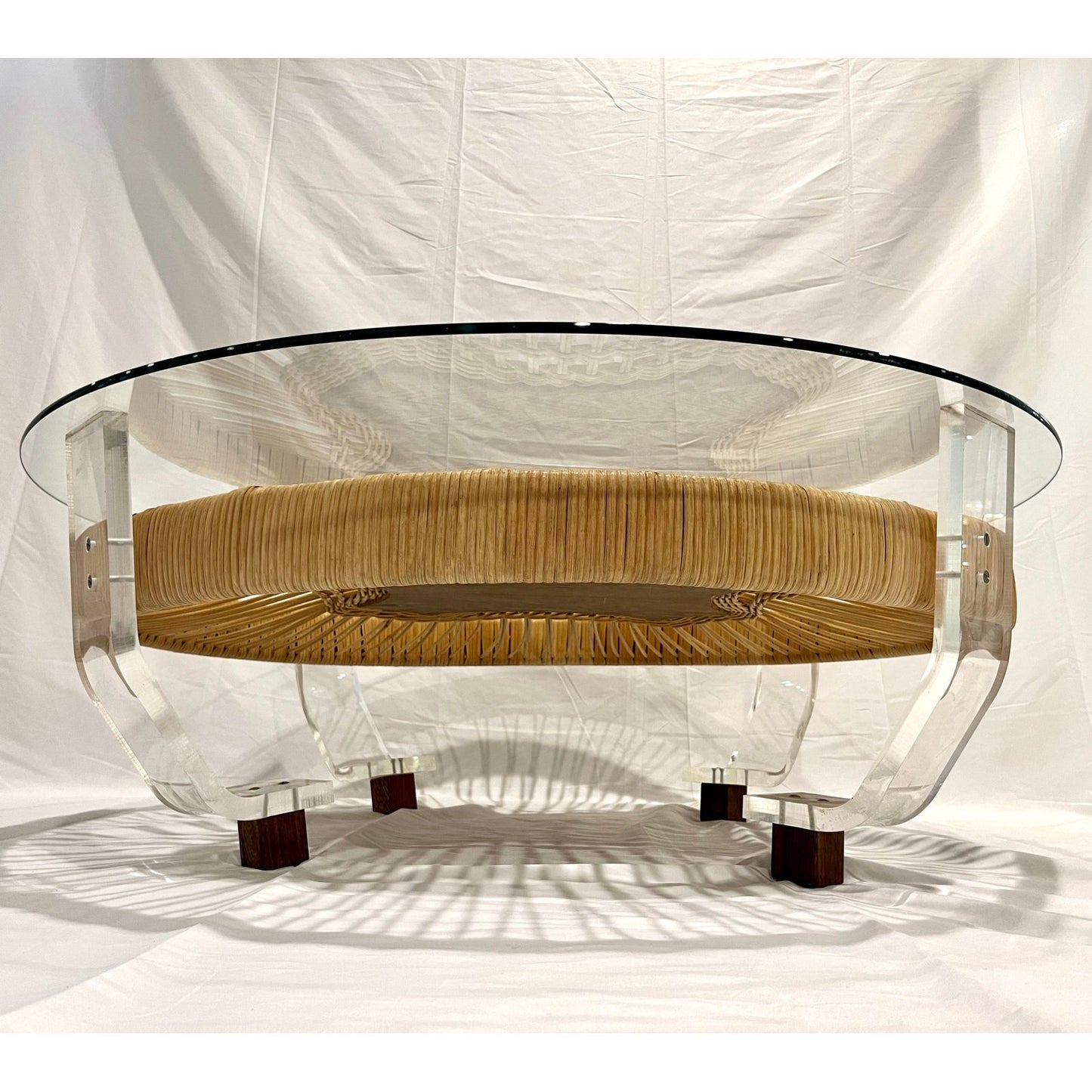 French Vintage 2-Tier Jacaranda Wood Weaved Rattan Sofa Table with Lucite Feet