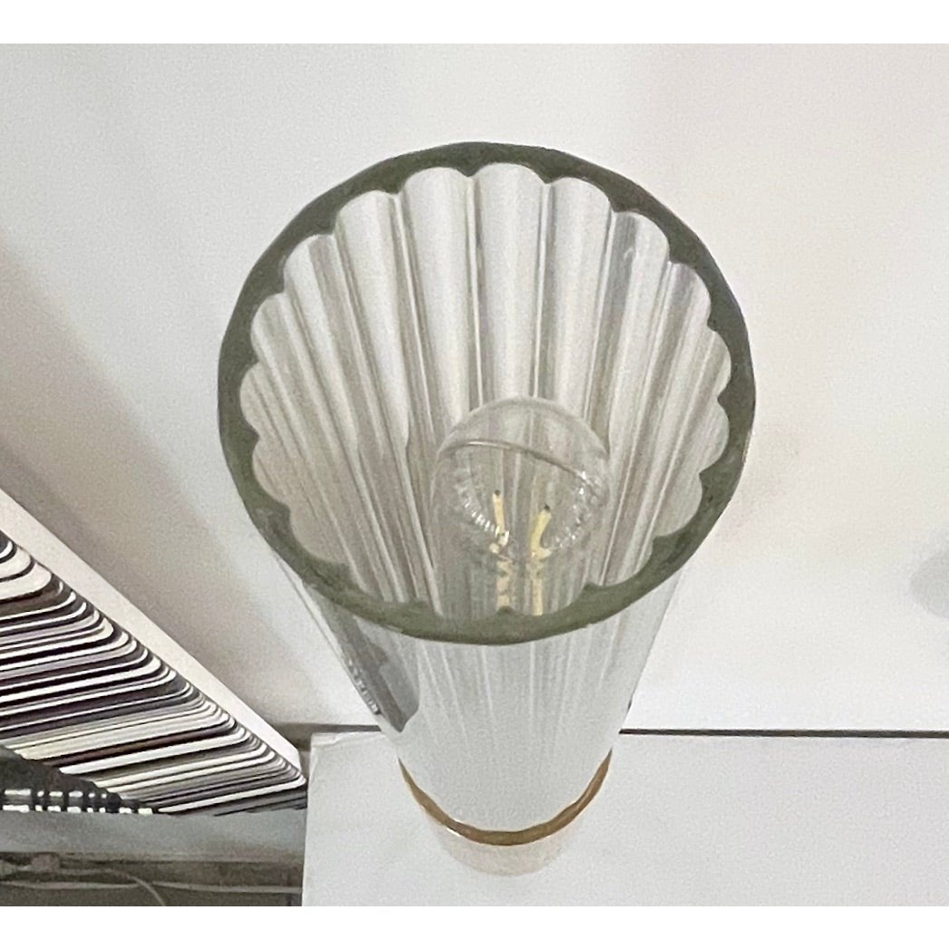 1980s Italian Art Deco Style Pair of Reeded Crystal Glass Brass Tubular Sconces