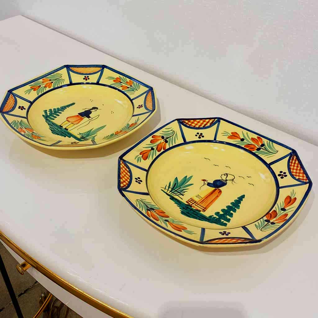 1930s French Henriot Quimper Faience Pair of Man Woman Octagonal Yellow Plates