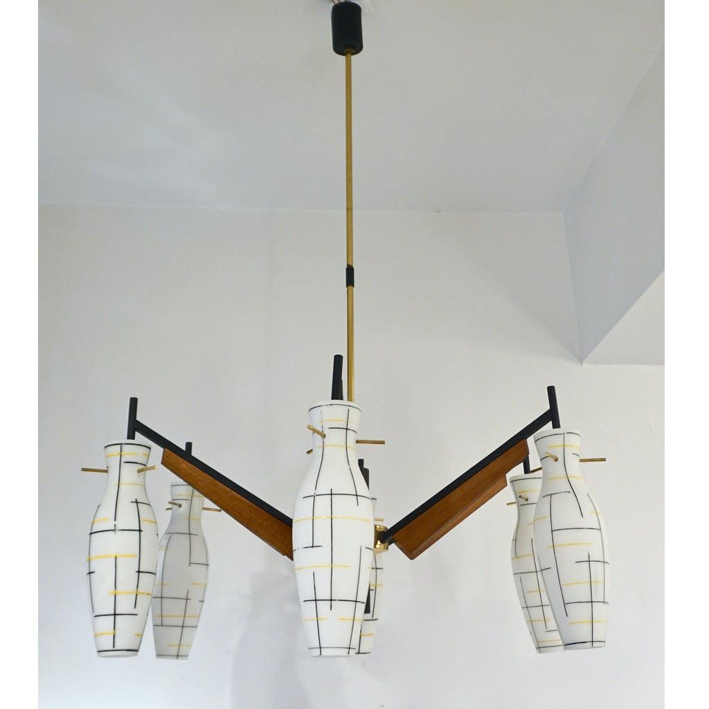 Stilnovo 1958 Italian Black Yellow White Glass 6-Light Teak & Brass Chandelier
