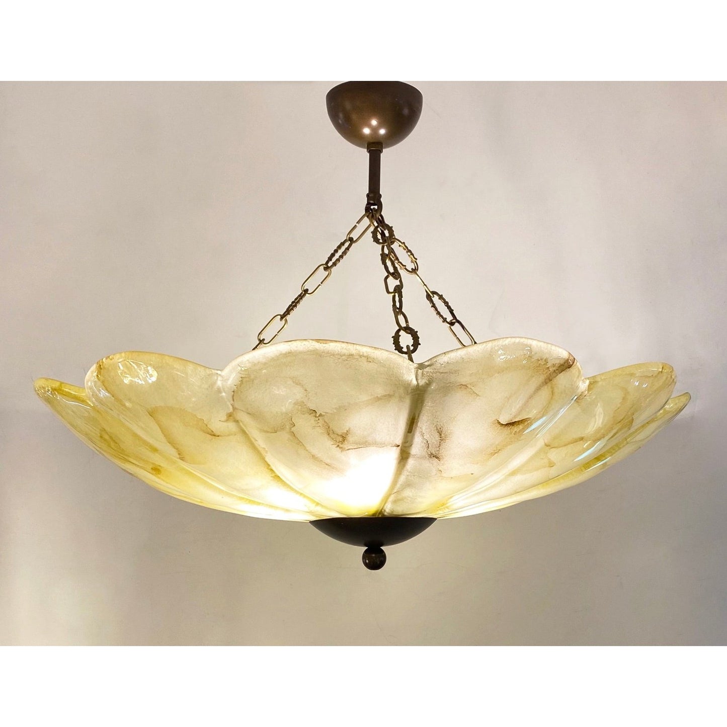 1950s Italian Mustard Yellow Streak Murano Glass Bronzed Dome Pendant/Flushmount