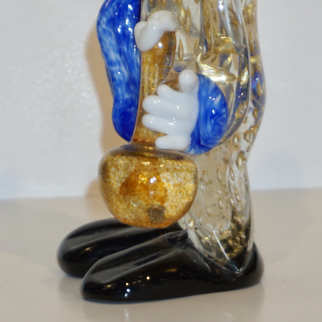 Modern Italian Yellow Black Murano Glass Clown Sculpture with Bottle & Blue Tie