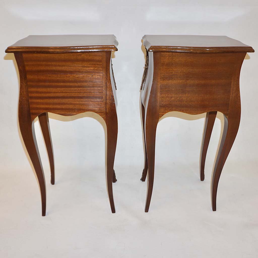 1940 French Louis XV Revival Pair of Inlaid Rosewood Walnut 2-Drawer Side Tables