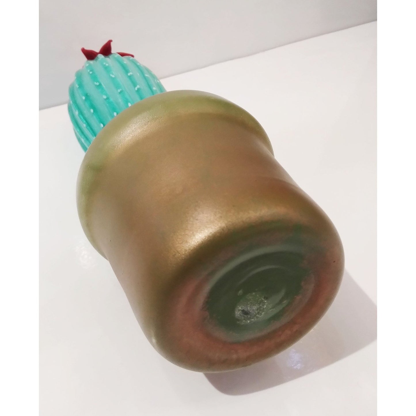 2000s Italian Green Gold Murano Art Glass Cactus Plant with Red Yellow Flower