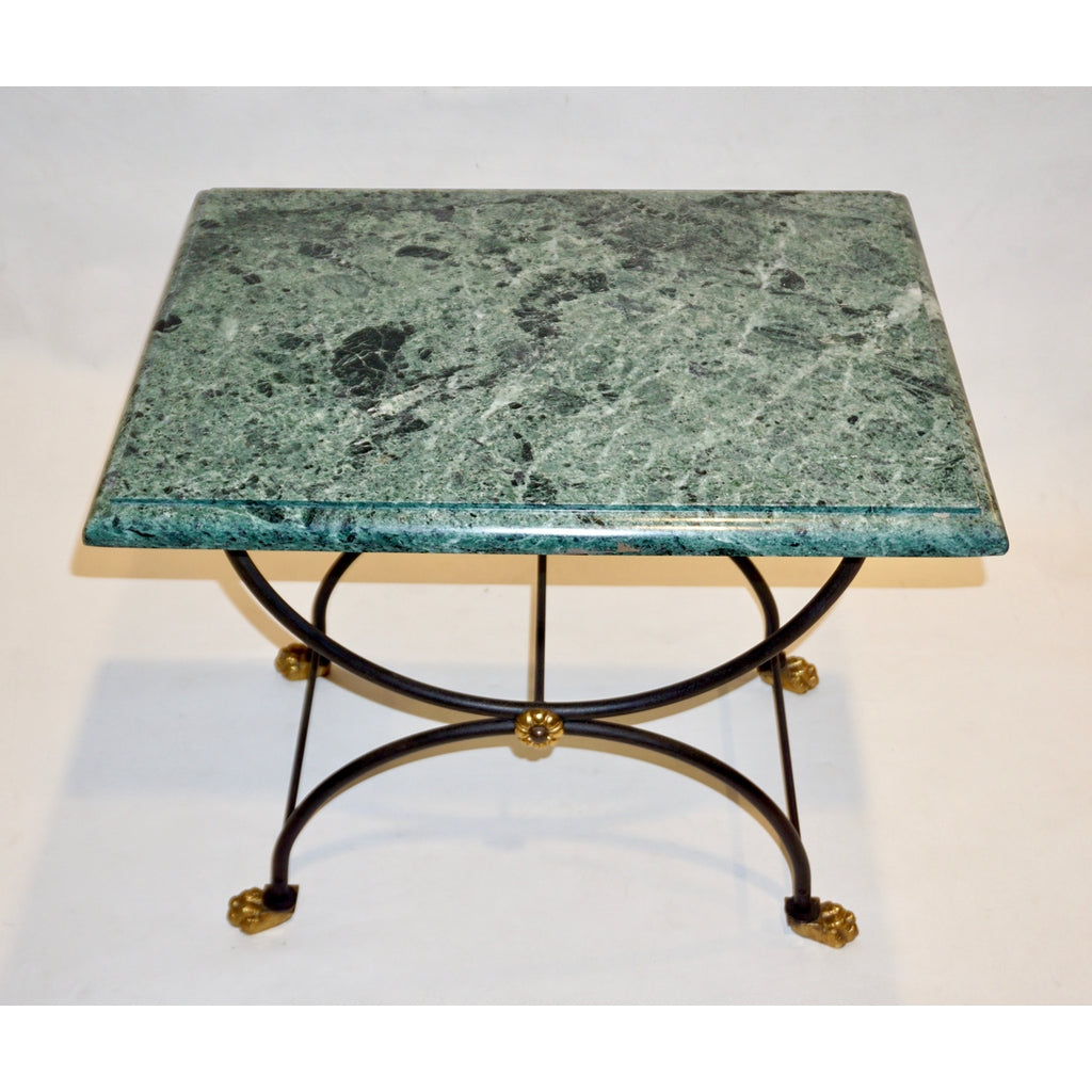1950s Italian Antique Rustic Gold & Black Iron Green Marble Gueridon Sofa Table
