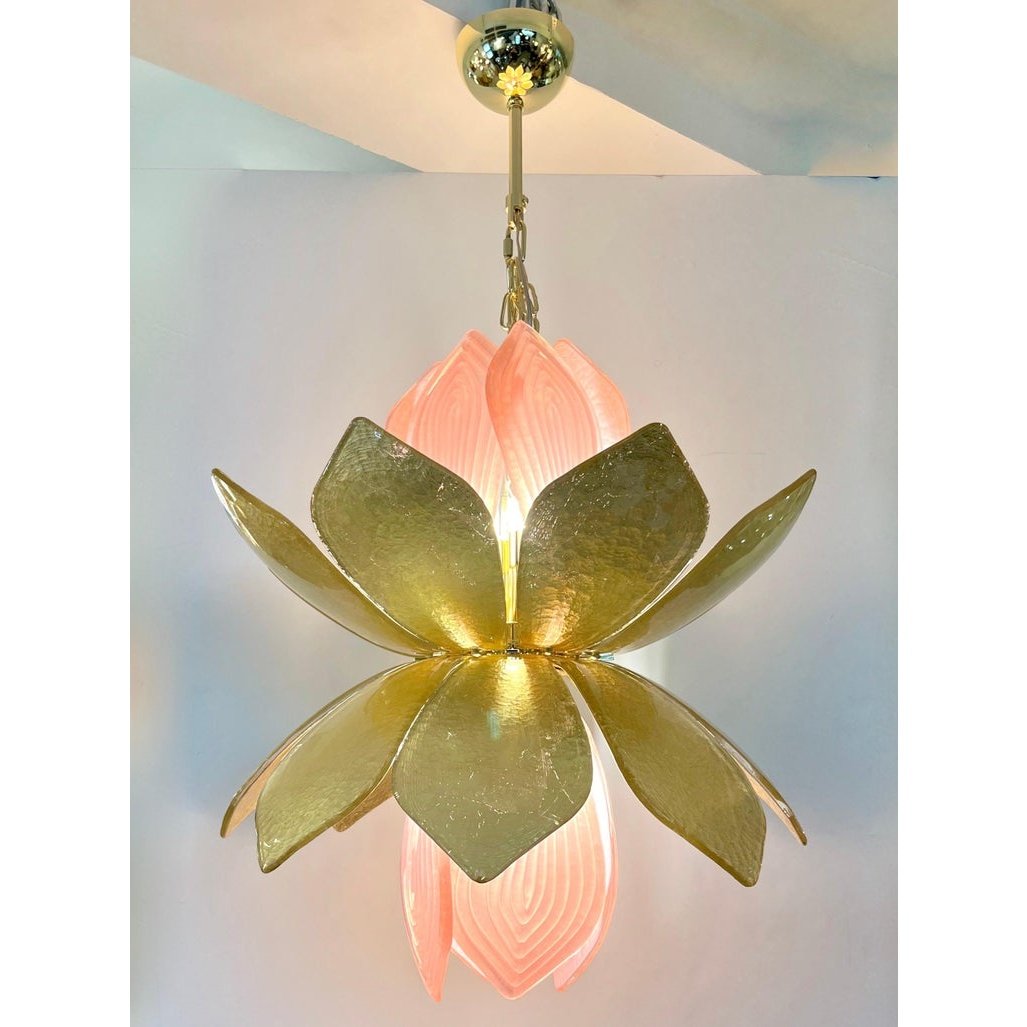Contemporary Italian Brass Gold Leaf Murano Glass Flower Chandelier Pendant