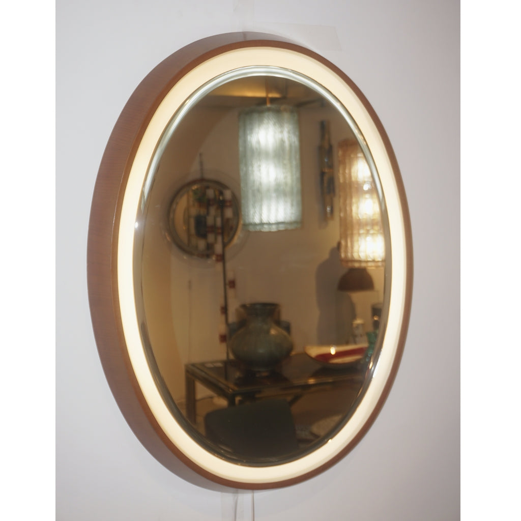 1970s Italian Vintage White Framed Cherry Wood Back Lit Oval Wall Mirror