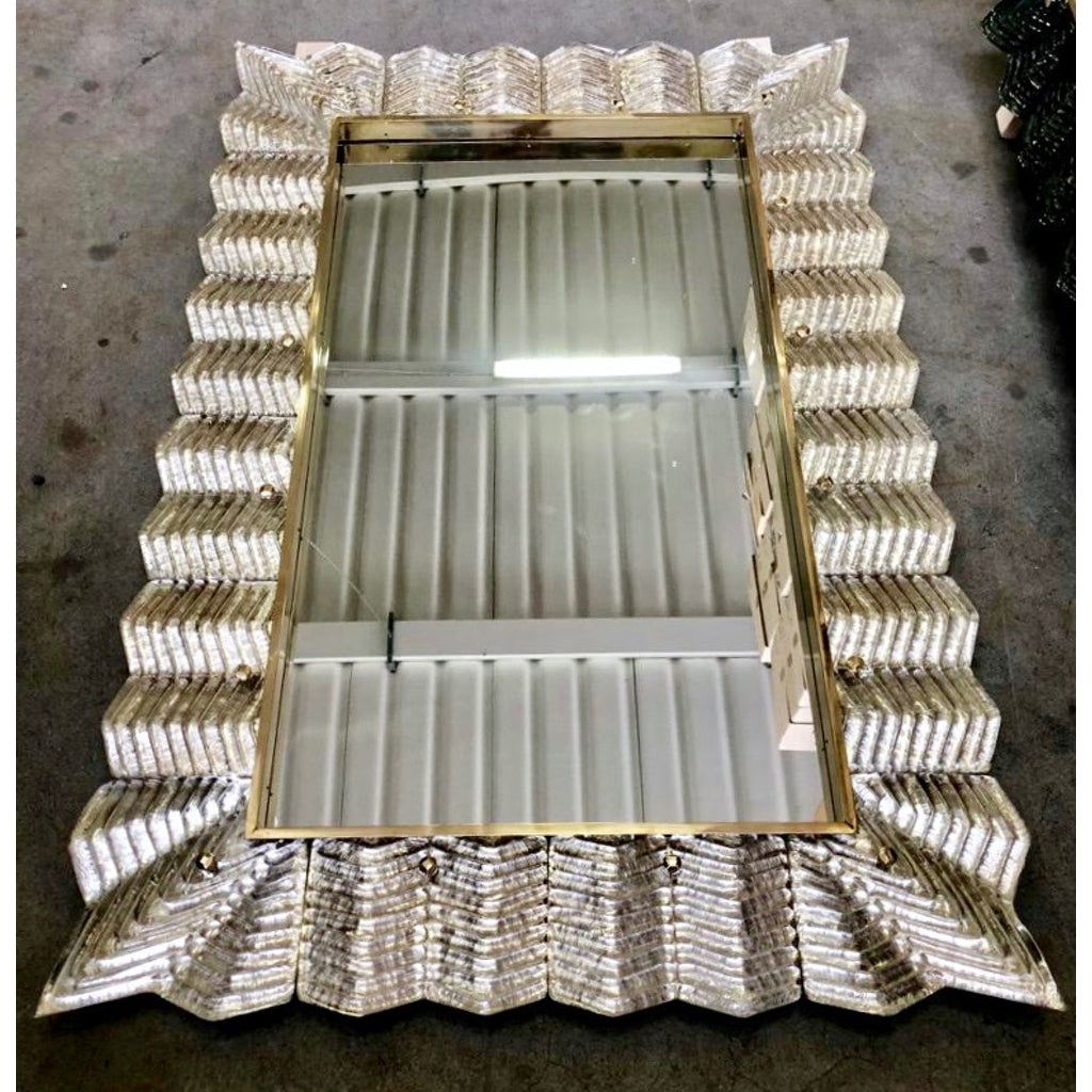 Bespoke Italian Art Deco Design Ruffled Silver Pink Murano Glass Brass Mirror