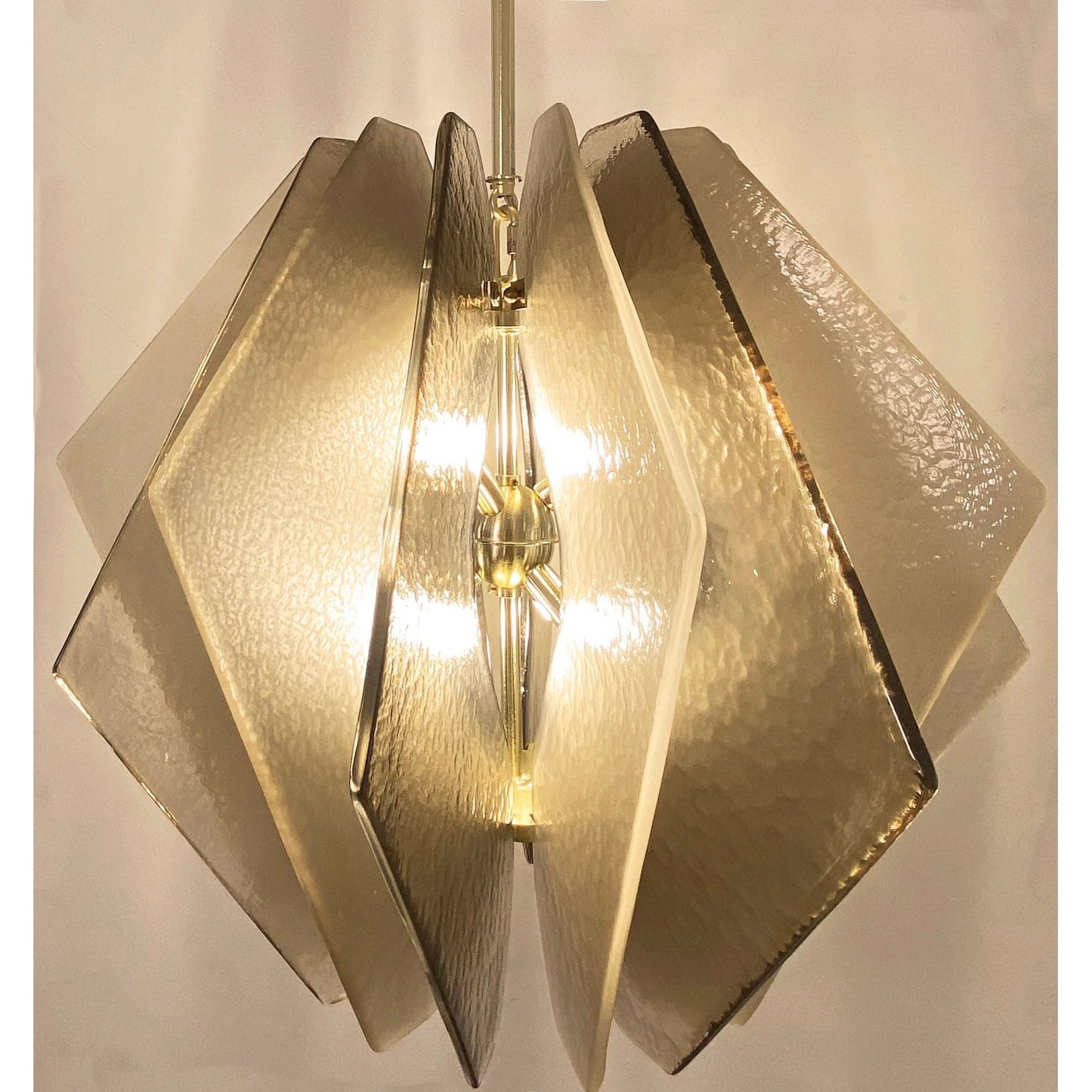Contemporary Italian Beige Textured Murano Glass Satin Brass Pendant/Chandelier