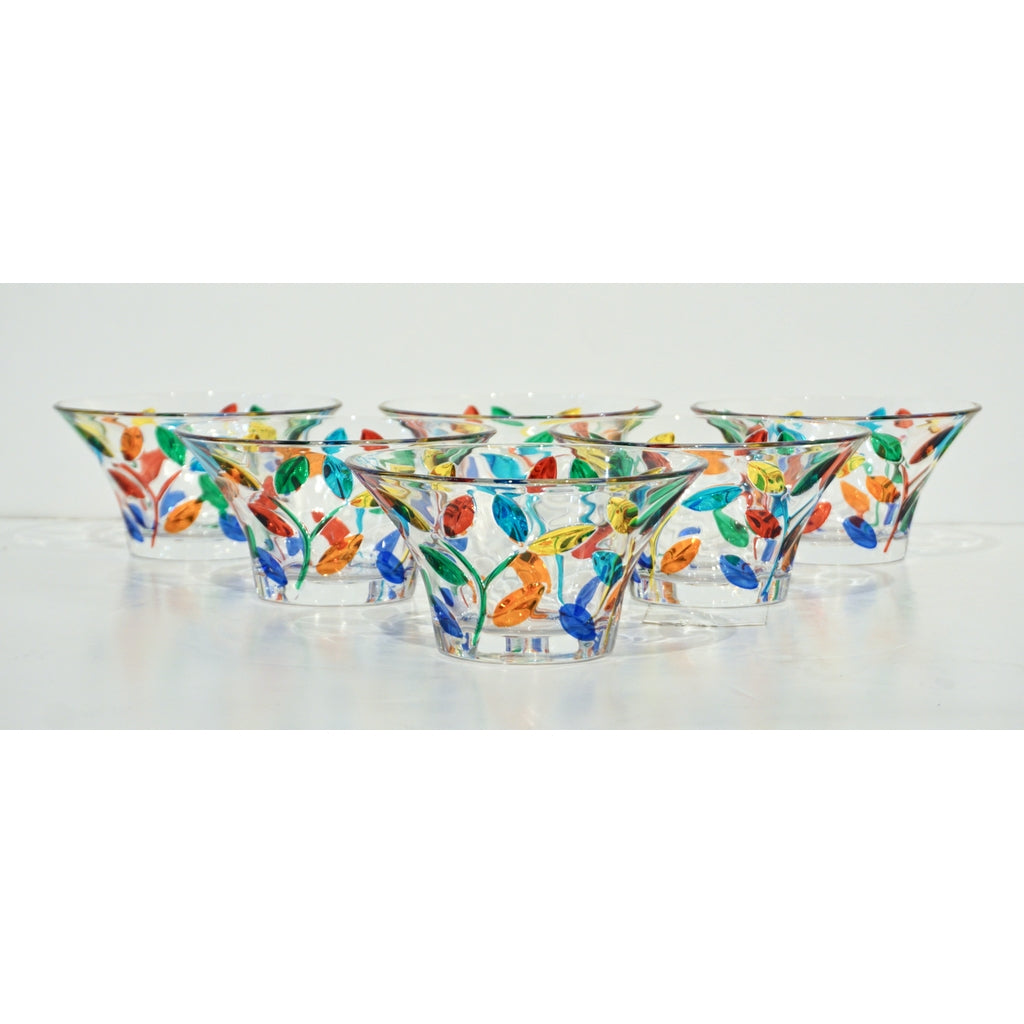 Colleoni Modern Set of 6 Crystal Murano Glass Cups / Bowls with Colorful Leaves