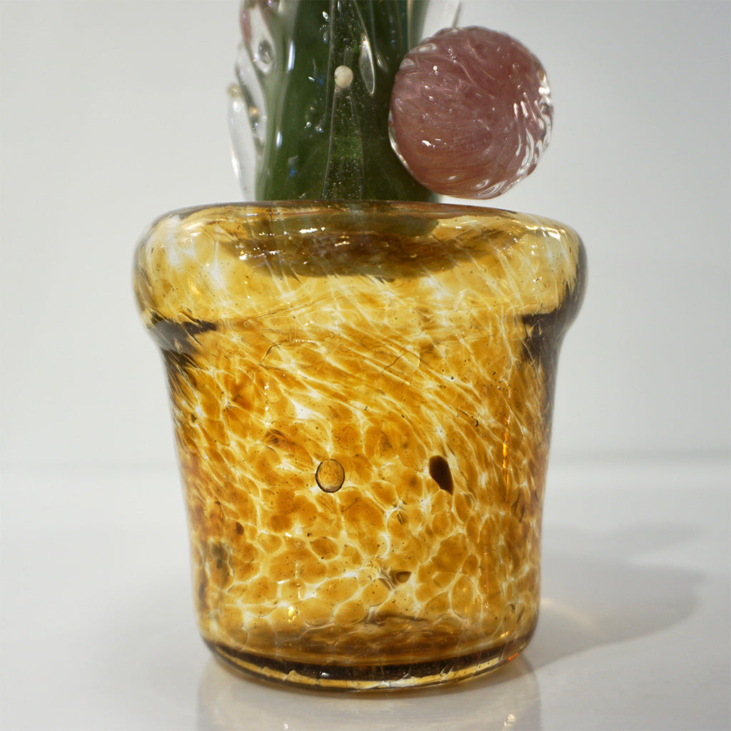 2000s Italian Green Murano Art Glass Cactus Plant with Pink Flowers in Amber Pot