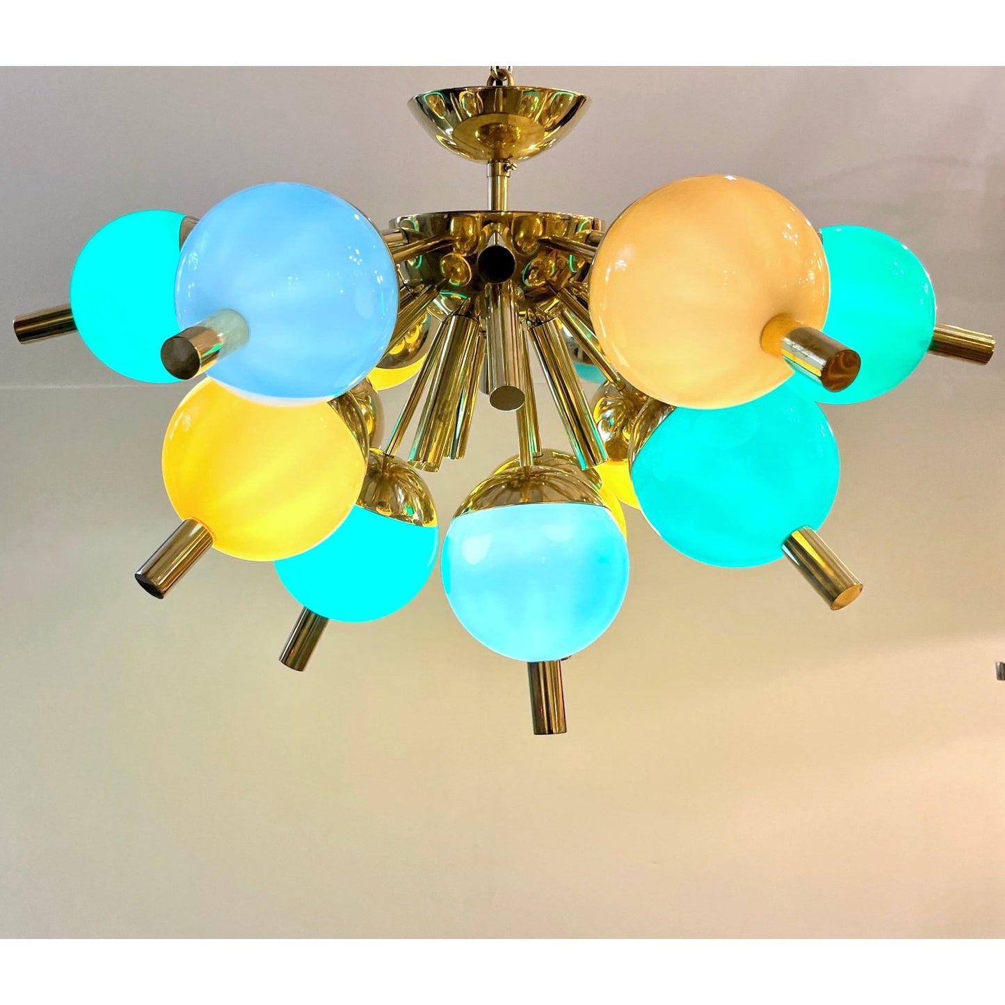 Custom Italian Green Turquoise Gold Murano Glass Brass Sputnik Globe Flush Mount