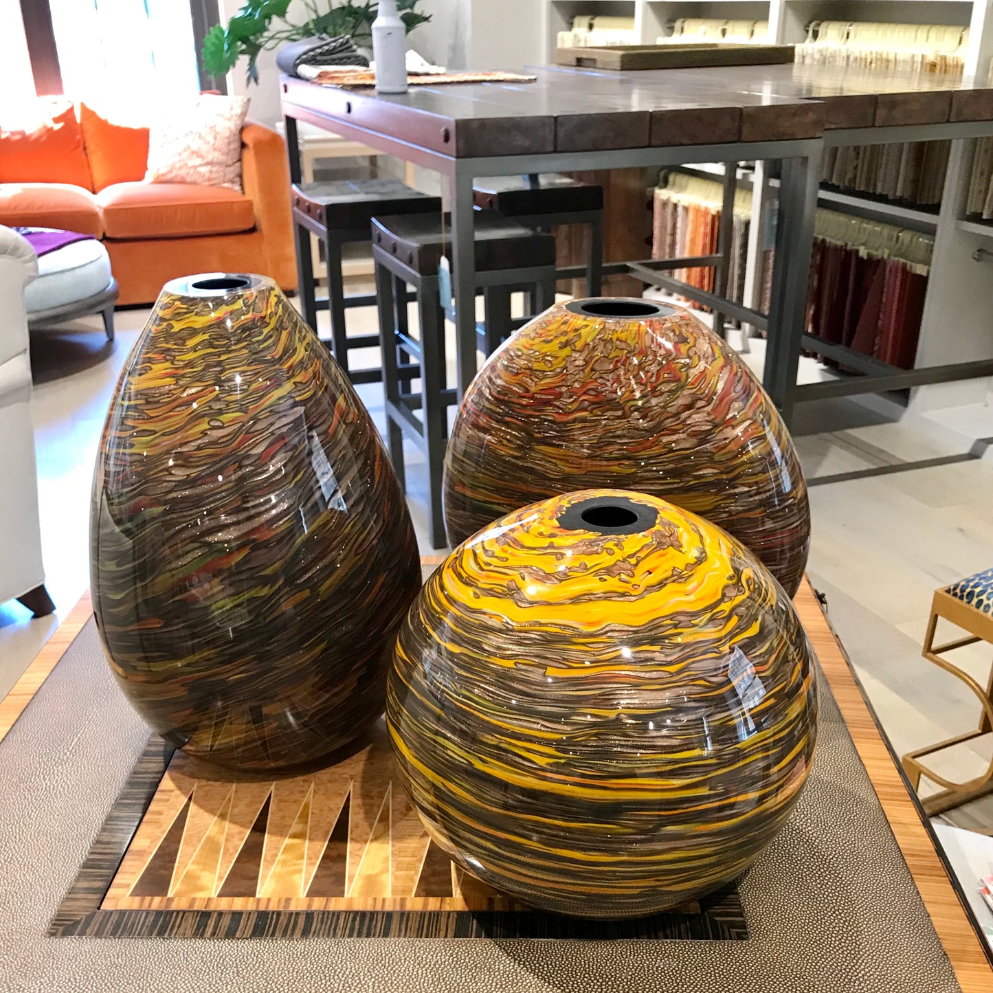 Formia 1980s Modern Round Brown Yellow Red Orange Gold Murano Glass Vase