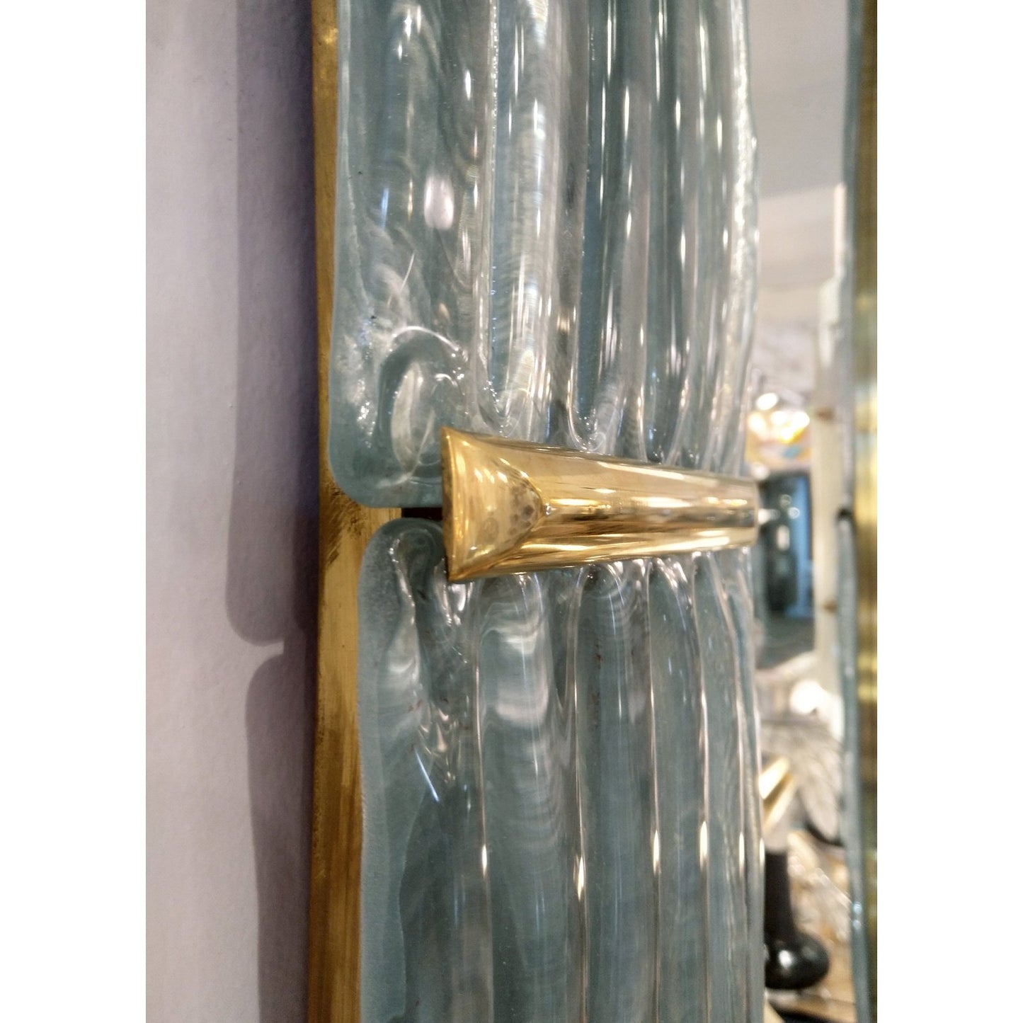 Contemporary Italian Pearl Gray Blue Murano Glass Curved Mirror & Brass Accents