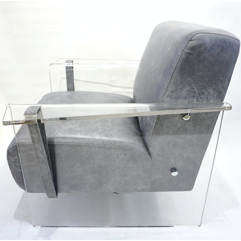 Bespoke Modernist Lucite Acrylic Lounge Armchair in Motley Gray Faux Leather