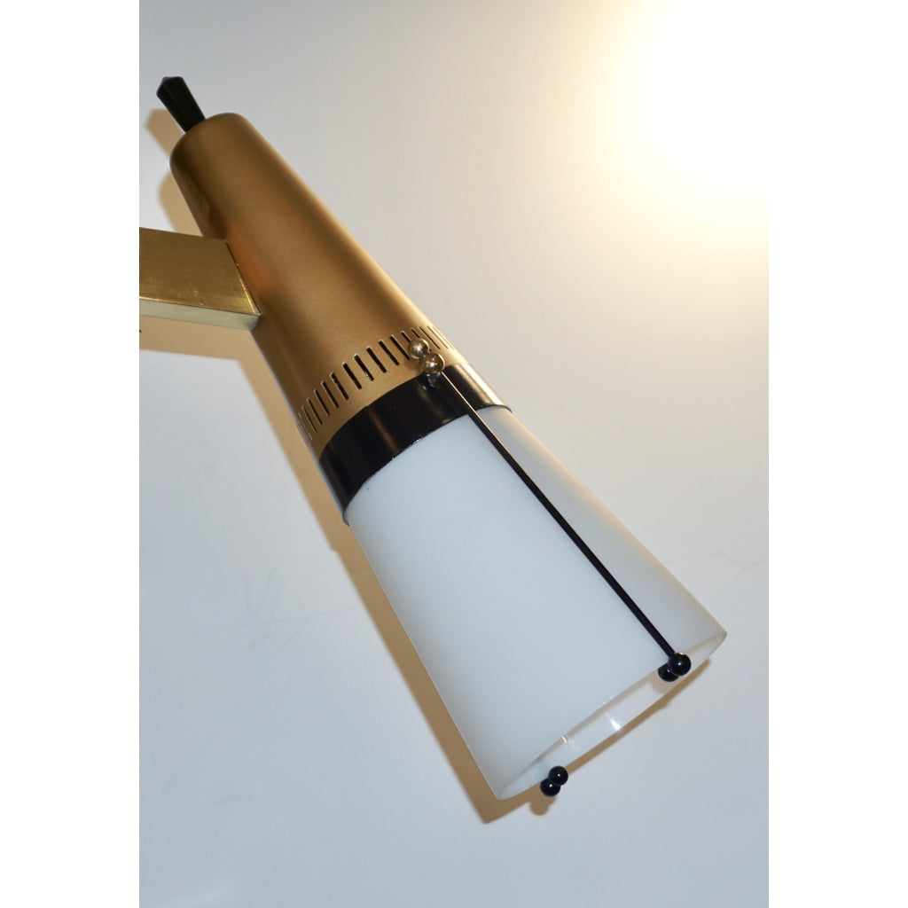 Torlasco 1950s Italian Vintage Brass Black White Three-Light Cone Chandelier