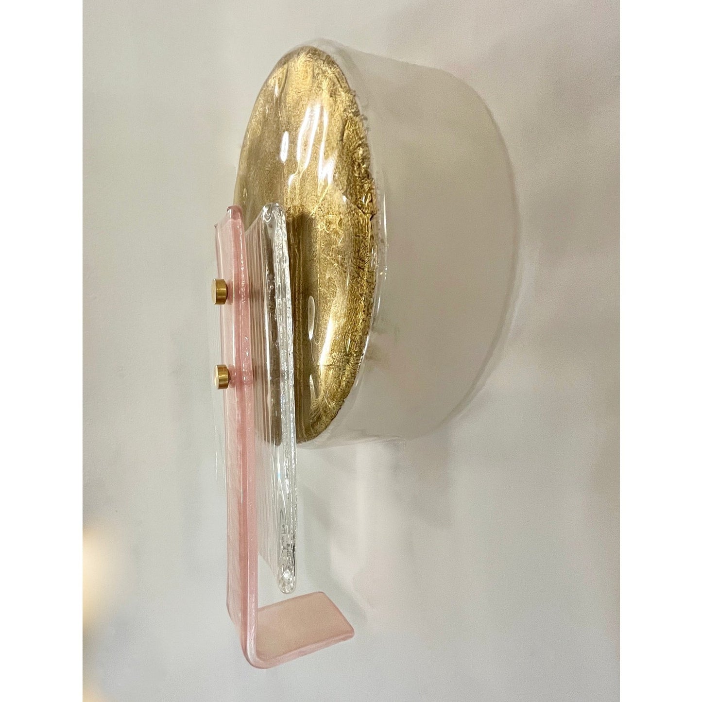 Italian Pair of Art Deco Style Textured Gold Pink & Crystal Murano Glass Sconces