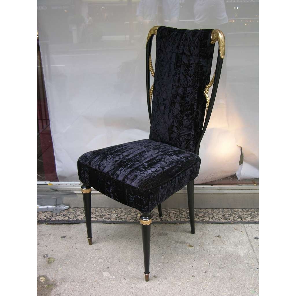 1940s Italian Late Art Deco Pair Gilded Black Lacquered Chairs in Black Velvet