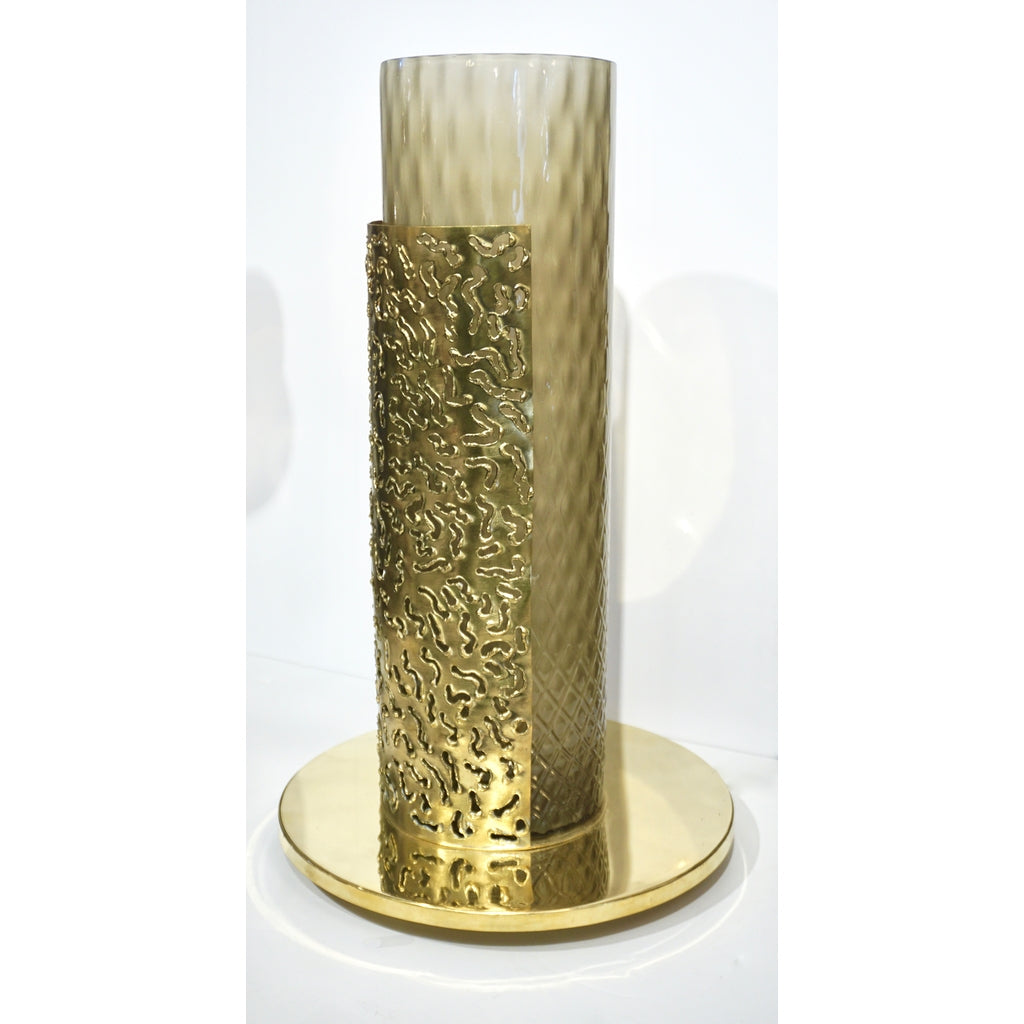 1980 Italian Brutalist Pair of Cream Beige Murano Glass Round Brass Table Lamps