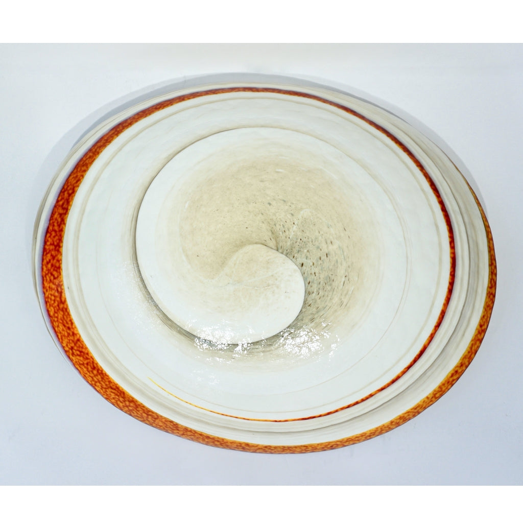 Organic Italian Pearl White Murano Glass Bowl with Swirled Wine Red Murrine