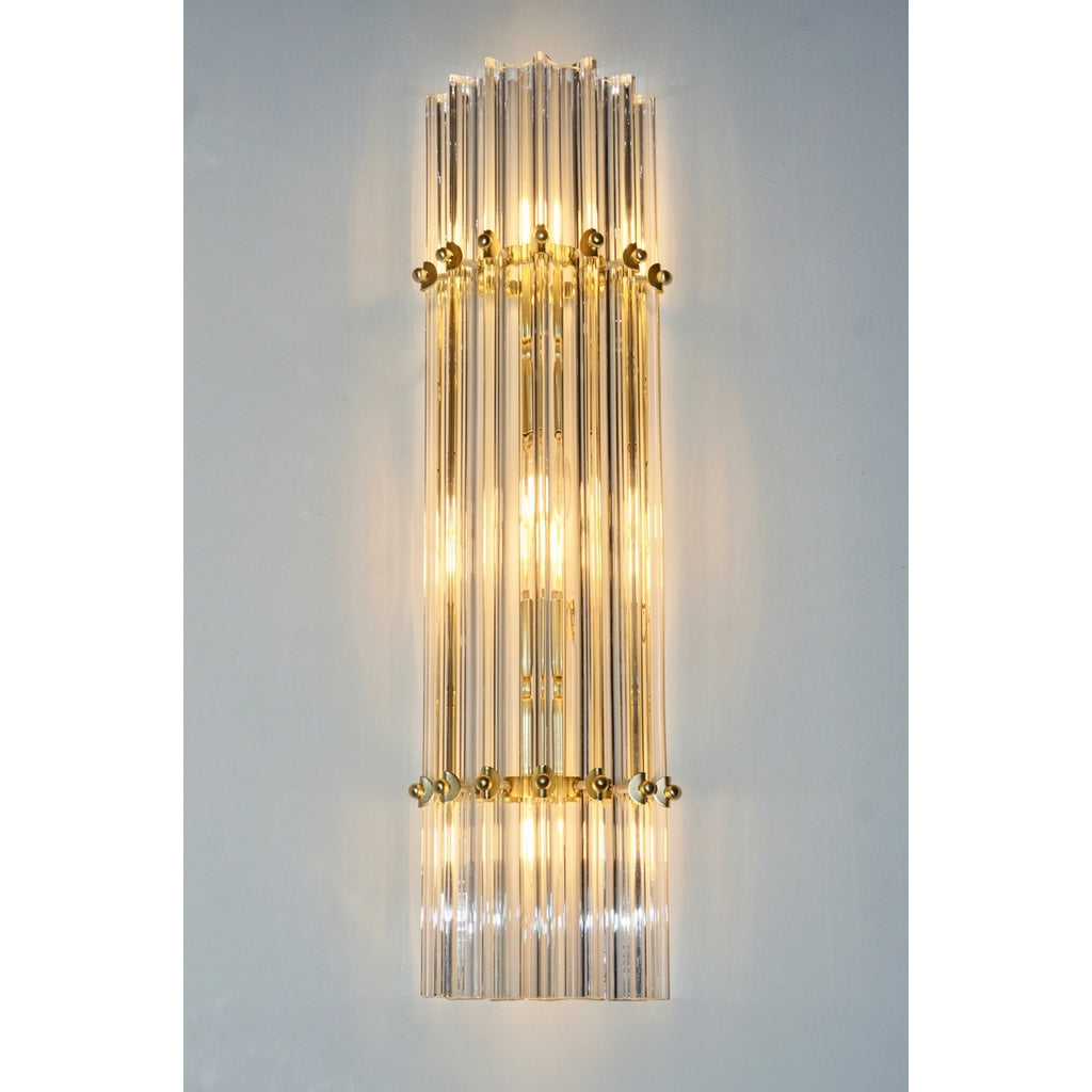 Italian Contemporary Minimalist Pair of Satin Brass Crystal Murano Glass Sconces