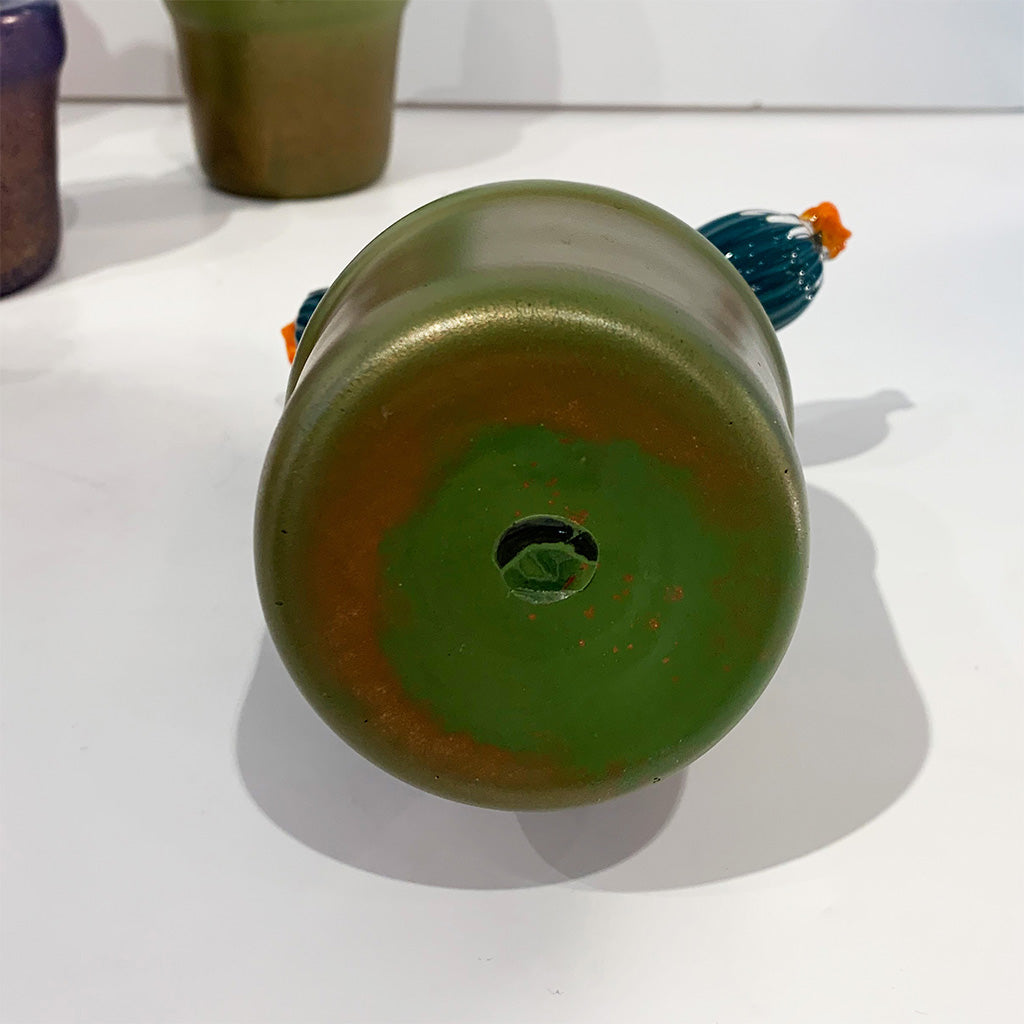 2000s Italian Teal Green Gold Murano Art Glass Cactus Plant with Orange Flowers