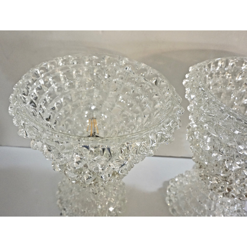 Italian Contemporary Hand Craft Pair of Crystal Rostrato Murano Glass Table Lamps