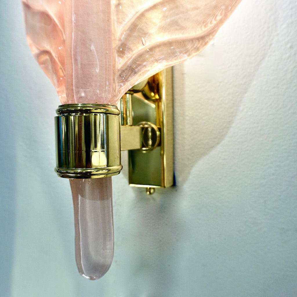 Contemporary Italian Art Deco Pink Murano Glass & Brass Feather Leaf Sconces