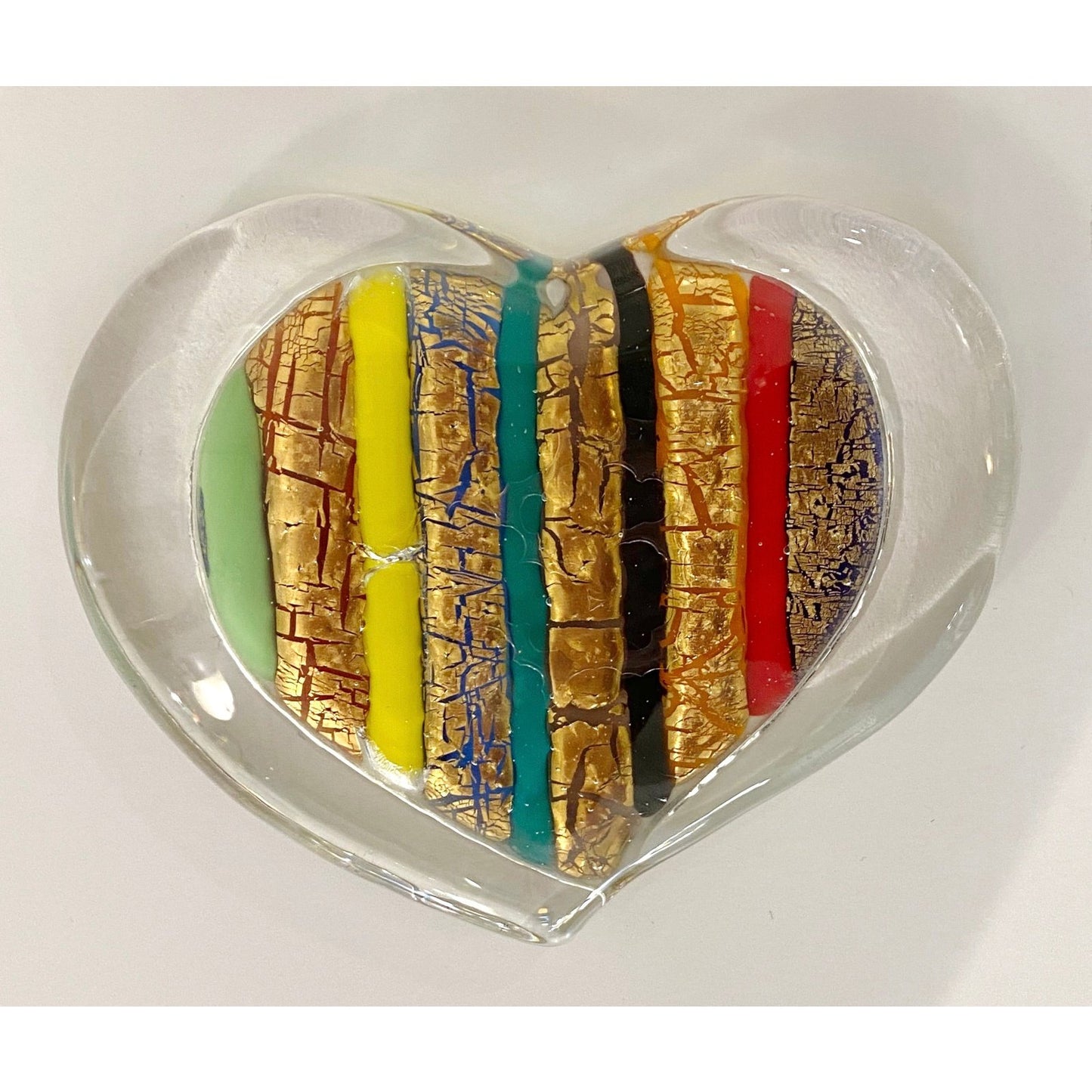 Bespoke Italian Crystal Green Gold Red Murano Glass Heart Shaped Paperweight