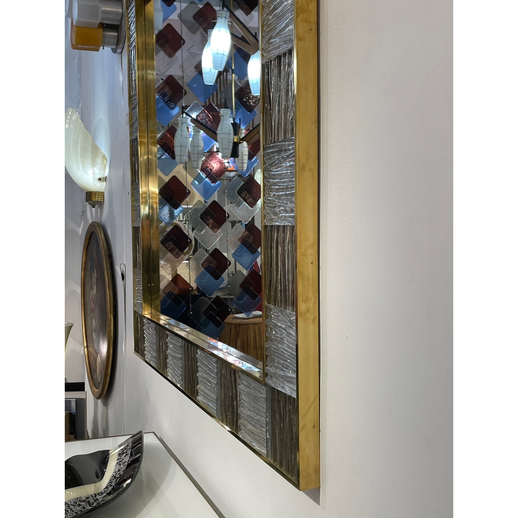 Bespoke Italian Square Silver Leaf Smoked Crystal Murano Glass Brass Tile Mirror