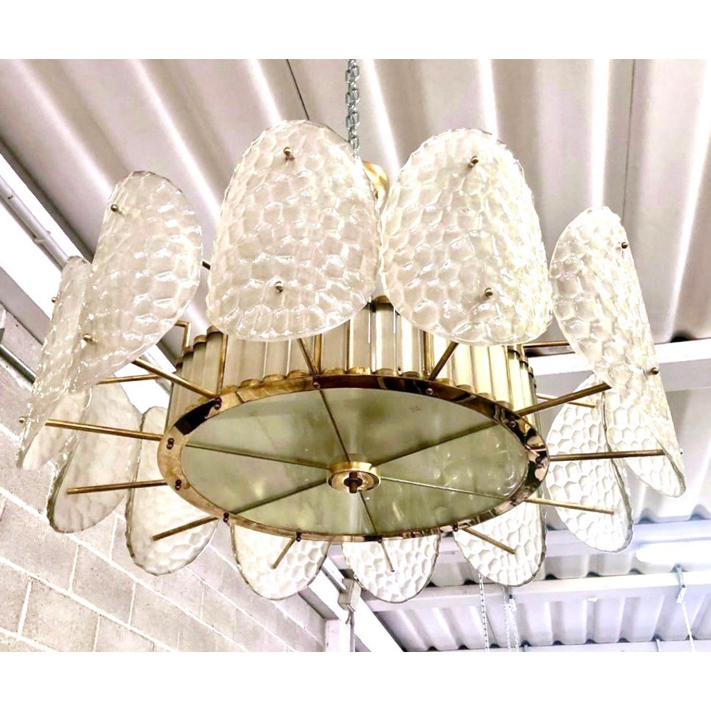 Bespoke Italian Crystal Frosted White Murano Glass Brass Chandelier / Flushmount