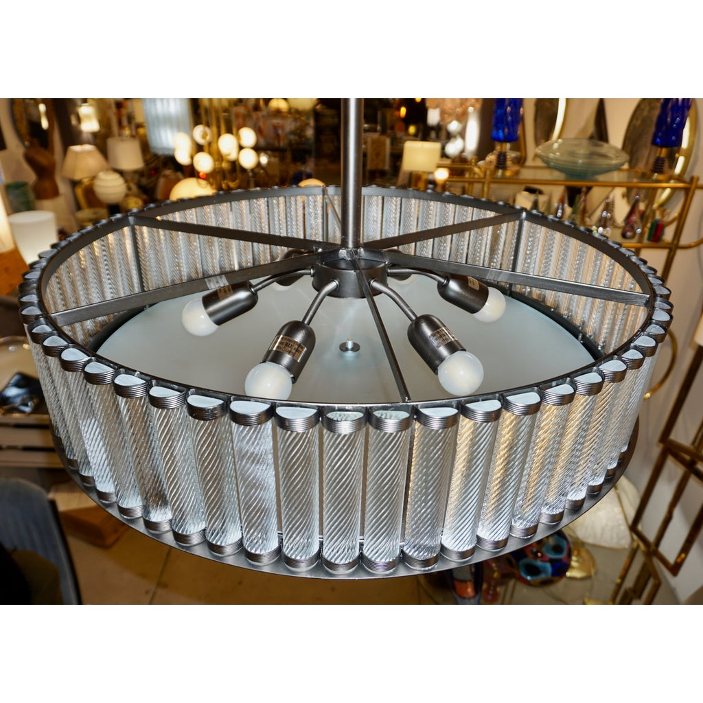 Bespoke Italian Pewter Finish Crystal Murano Glass Flush Mount / Drum Chandelier