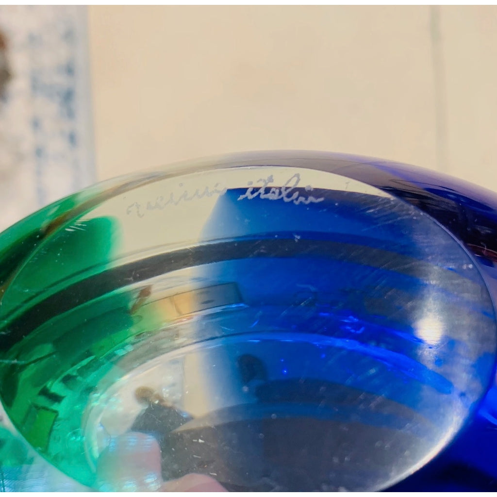 Venini 1970s Italian Murano Glass Geometric Oval Blue Green Murano Glass Bowl