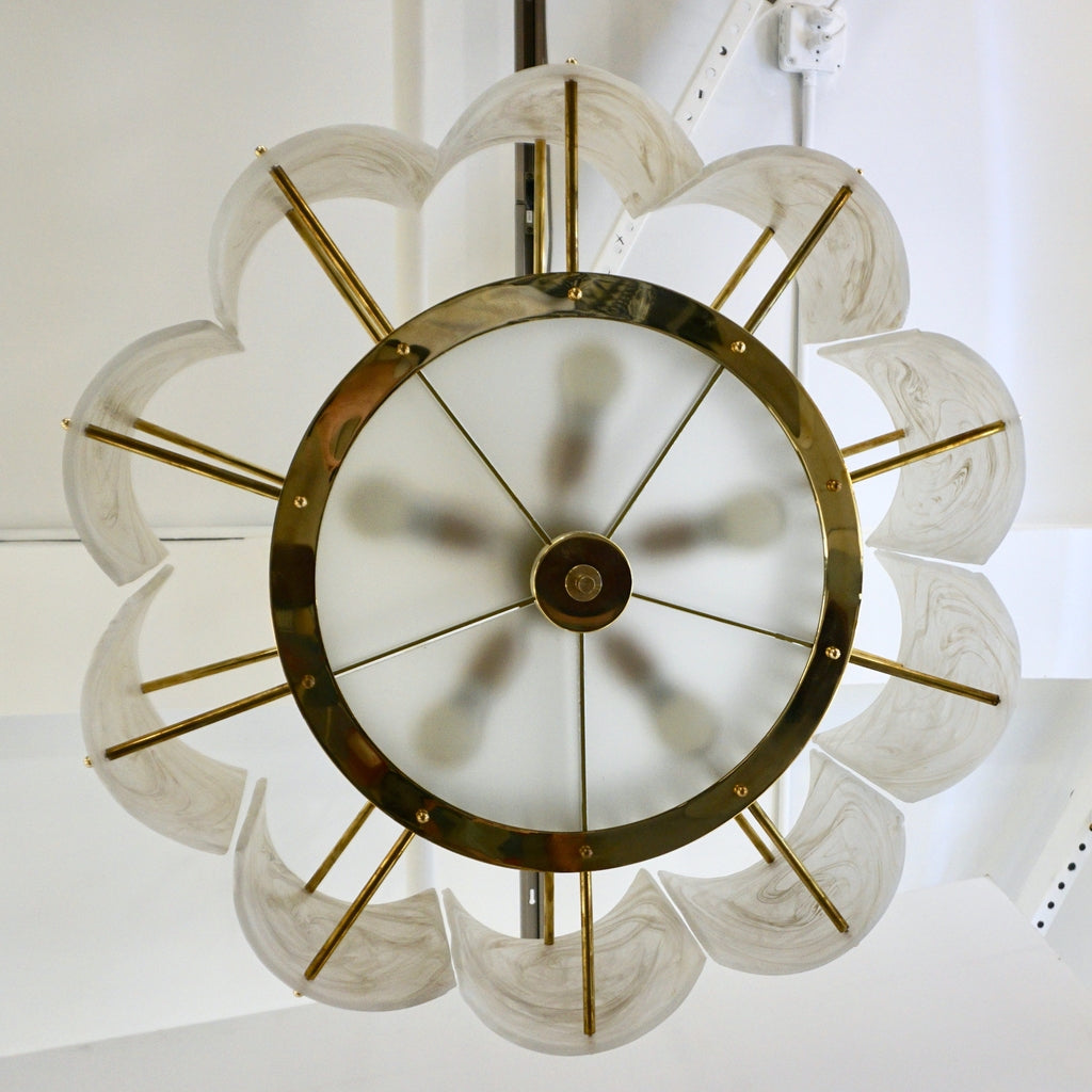 Bespoke Italian Crystal Ivory White Murano Glass Brass Chandelier / Flushmount