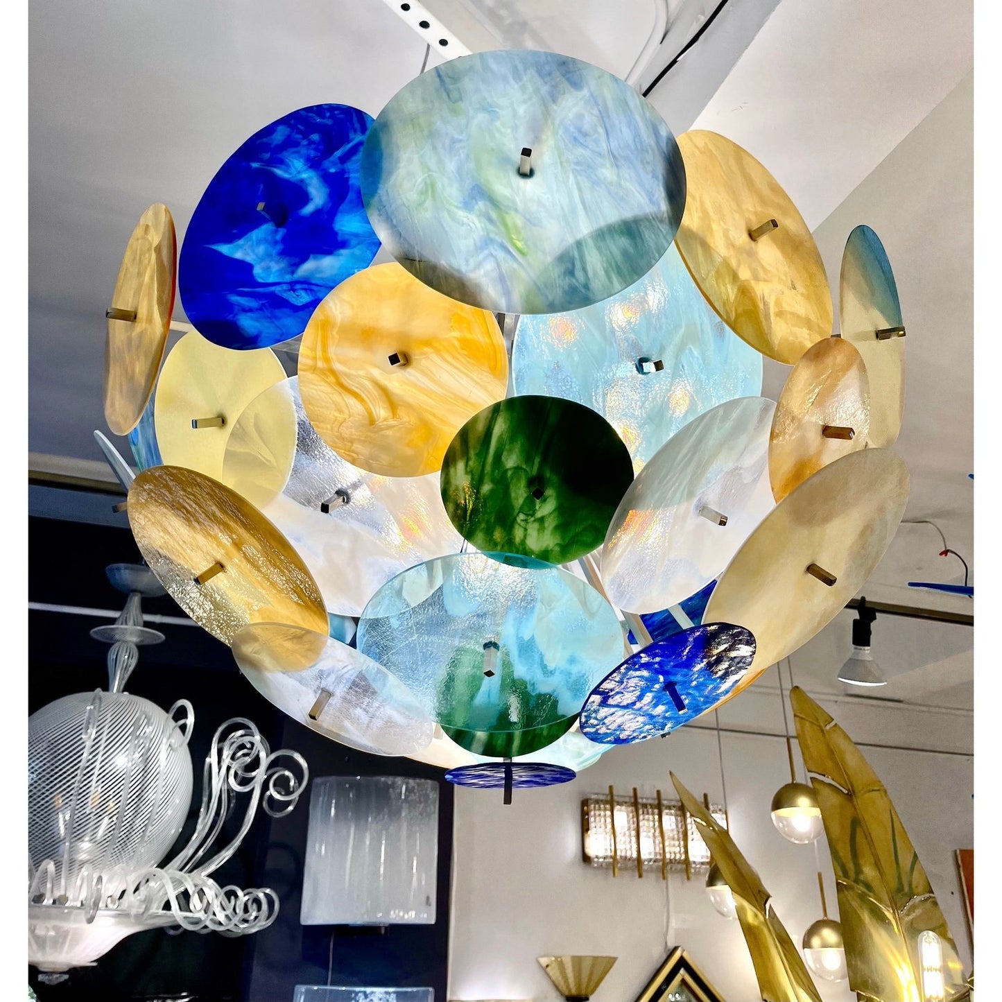 Contemporary Italian Yellow White Blue Green Murano Glass Sputnik Flush mount